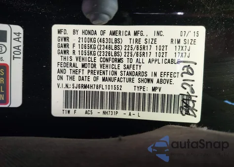 2015 Honda Cr-V Ex-L из США, поврежденный, VIN 5J6RM4H78FL101552